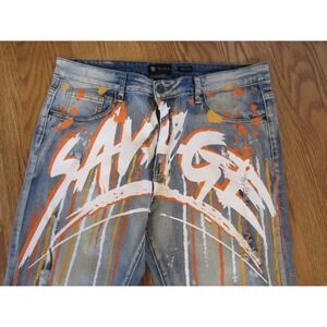 Waimea Savage Graphic Skinny Fit Jeans Light Wash Distressed Splatter Mens 36x32